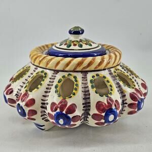 Vintage Hand made Painted folk art 3pc oil votive candle holder w lid Portugal